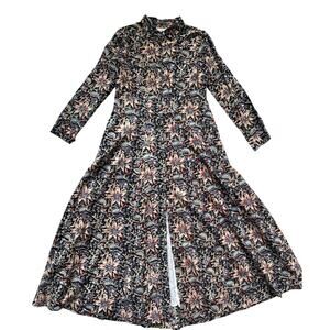 Livro Kurta Floral Print Button‎ Up Flared Shirt Maxi Dress Pockets Size Small